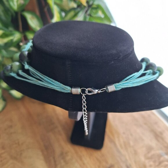 Handcrafted Multi Strand Necklace Green Beads‎ Blue Cord - Picture 4 of 6